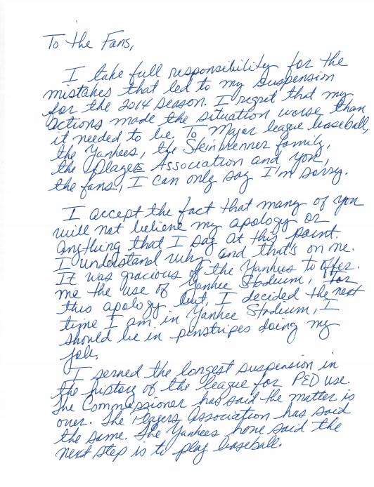 arod, letter, apology