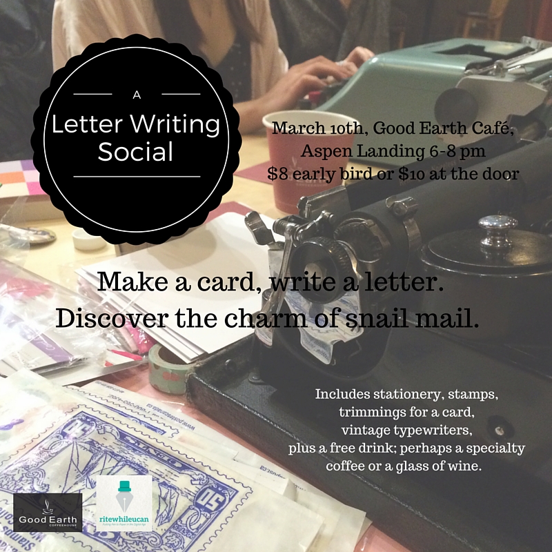 letter writing social, stamps, letters, cards, typewriters, coffee, wine, community, 