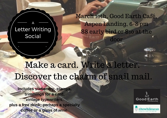 letter writing social, stamps, letters, cards, community, coffee, wine