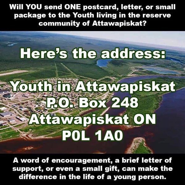 send mail to youth of Attawapiskat, letters, social justice, writing, postcards